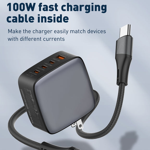 LDNIO Q408 100W GaN USB+3 USB-C / Type-C Interface Charger with 1m 100W USB-C / Type-C to USB-C / Type-C Data Cable, Plug Type:US Plug(Black)