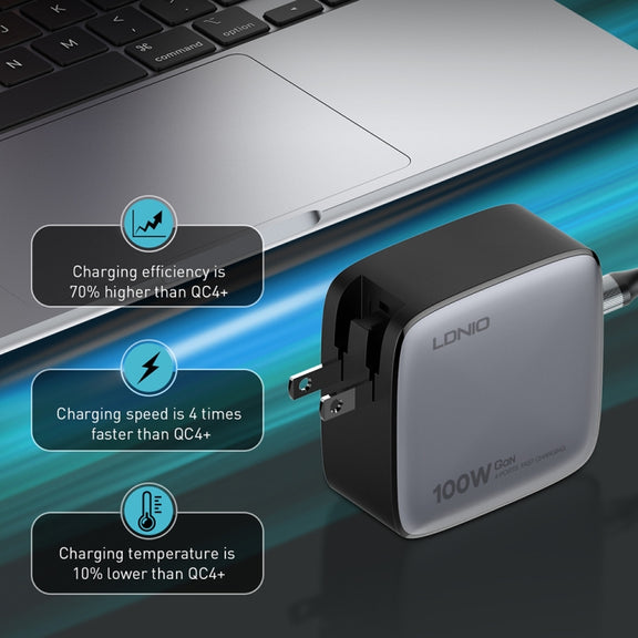 LDNIO Q408 100W GaN USB+3 USB-C / Type-C Interface Charger with 1m 100W USB-C / Type-C to USB-C / Type-C Data Cable, Plug Type:EU Plug(Black)