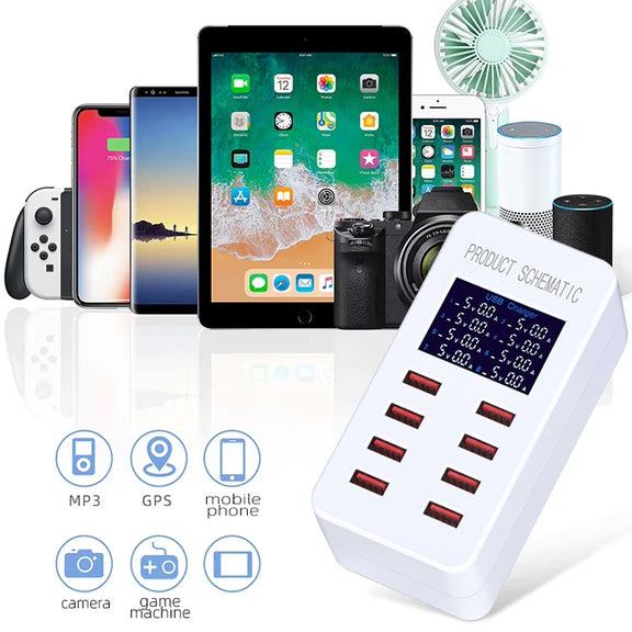 A8B 50W 8 Ports USB Smart Charging Station with Digital Display, Plug:EU Plug