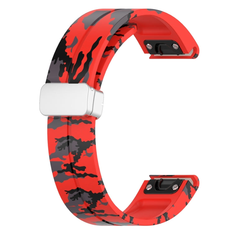 For Garmin Fenix 7S Magnetic Folding Silver Buckle Color Printed Silicone Watch Band(Camouflage Red)