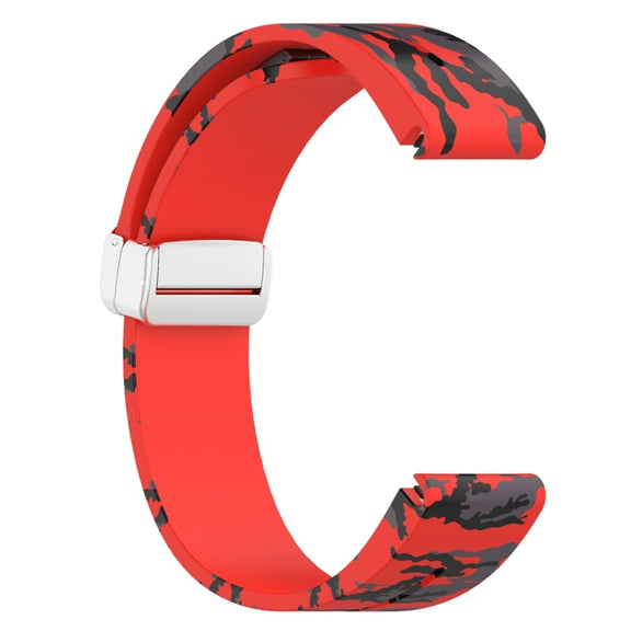 For Garmin Fenix 7S Magnetic Folding Silver Buckle Color Printed Silicone Watch Band(Camouflage Red)