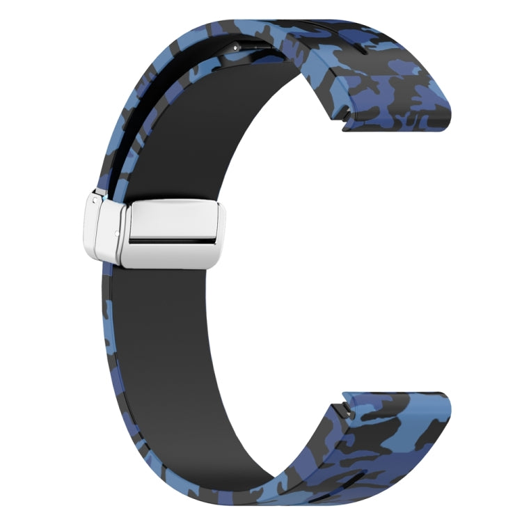 For Garmin Fenix 7S Magnetic Folding Silver Buckle Color Printed Silicone Watch Band(Camouflage Blue)