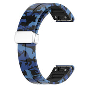 For Garmin Fenix 7S Magnetic Folding Silver Buckle Color Printed Silicone Watch Band(Camouflage Blue)