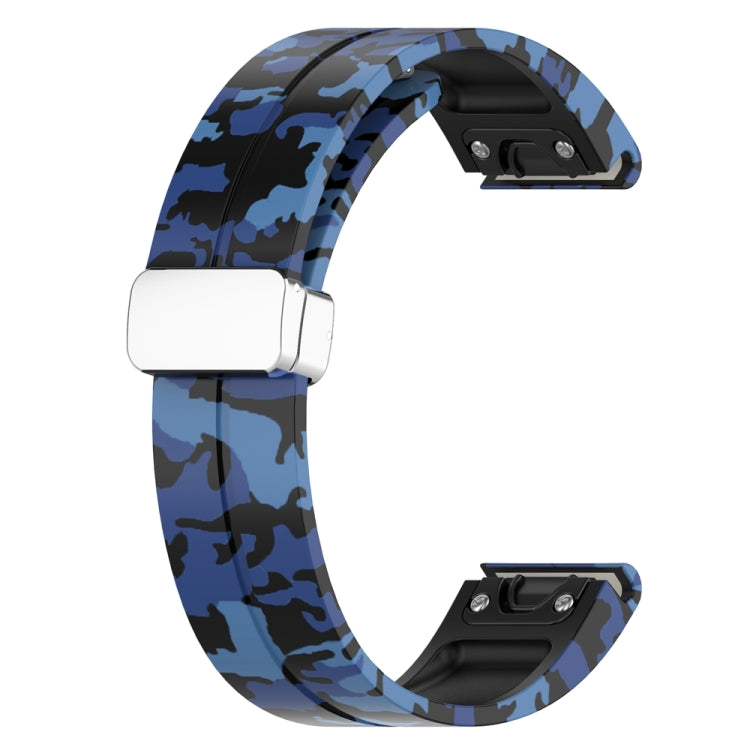 For Garmin Fenix 7S Magnetic Folding Silver Buckle Color Printed Silicone Watch Band(Camouflage Blue)