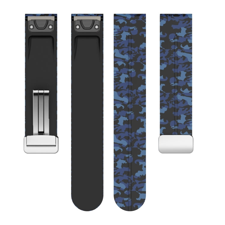 For Garmin Fenix 7S Magnetic Folding Silver Buckle Color Printed Silicone Watch Band(Camouflage Blue)