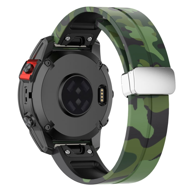 For Garmin Fenix 7S Magnetic Folding Silver Buckle Color Printed Silicone Watch Band(Camouflage Green)