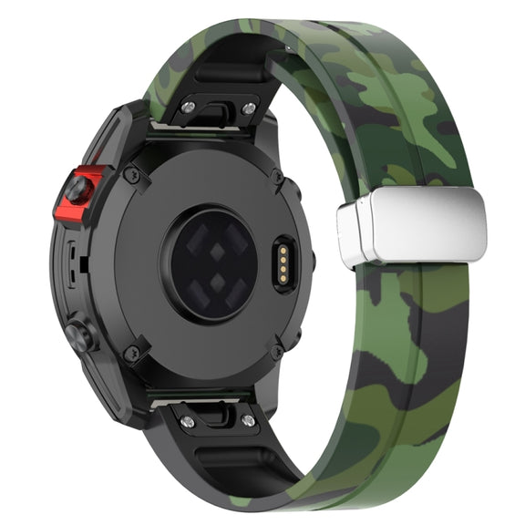 For Garmin Fenix 7S Magnetic Folding Silver Buckle Color Printed Silicone Watch Band(Camouflage Green)