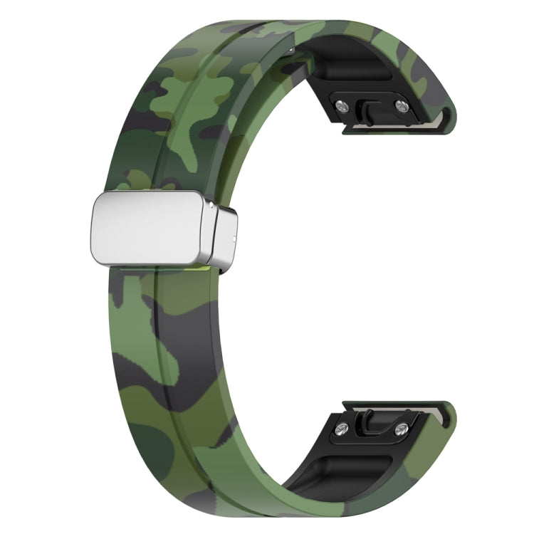 For Garmin Fenix 7S Magnetic Folding Silver Buckle Color Printed Silicone Watch Band(Camouflage Green)