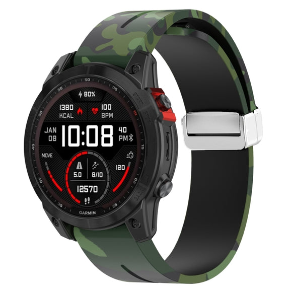 For Garmin Fenix 7S Magnetic Folding Silver Buckle Color Printed Silicone Watch Band(Camouflage Green)