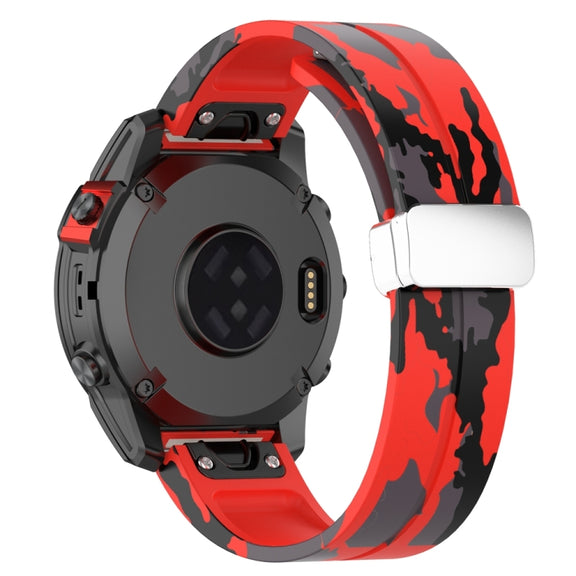 For Garmin Fenix 7X Magnetic Folding Silver Buckle Color Printed Silicone Watch Band(Camouflage Red)