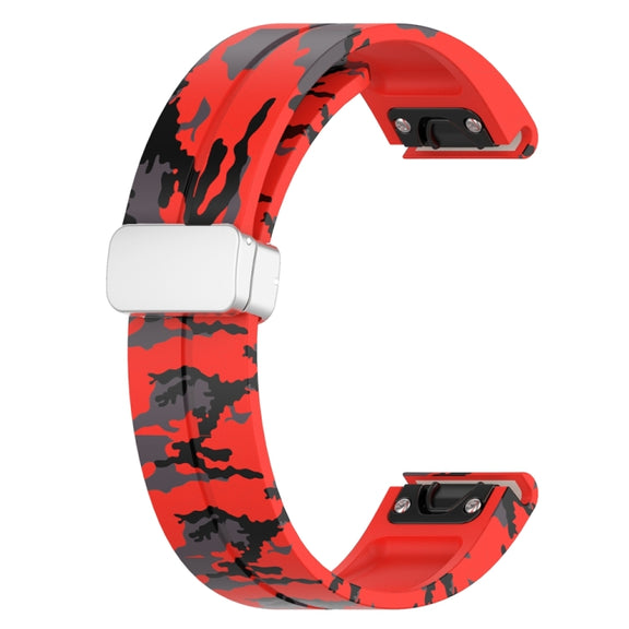 For Garmin Fenix 7X Magnetic Folding Silver Buckle Color Printed Silicone Watch Band(Camouflage Red)