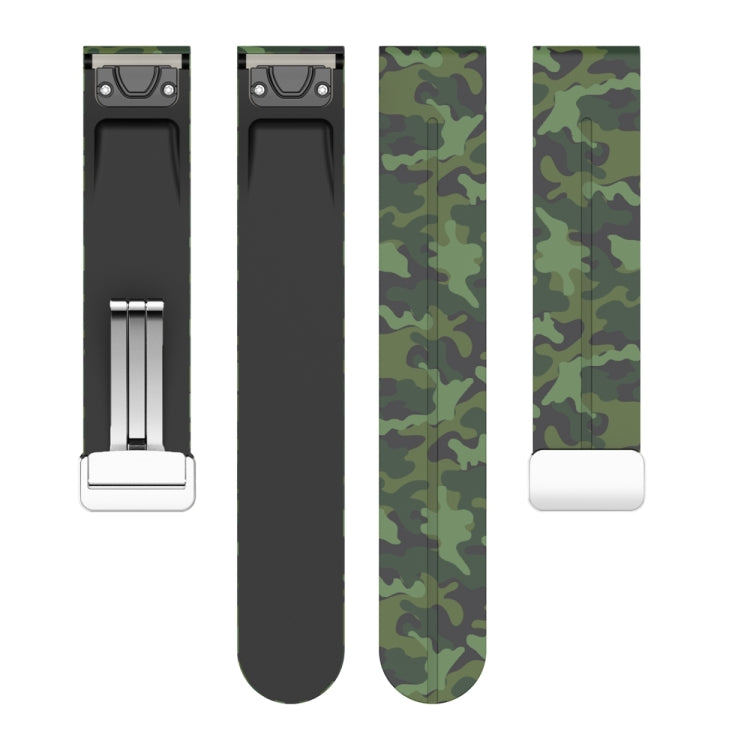 For Garmin Fenix 7X Magnetic Folding Silver Buckle Color Printed Silicone Watch Band(Camouflage Green)