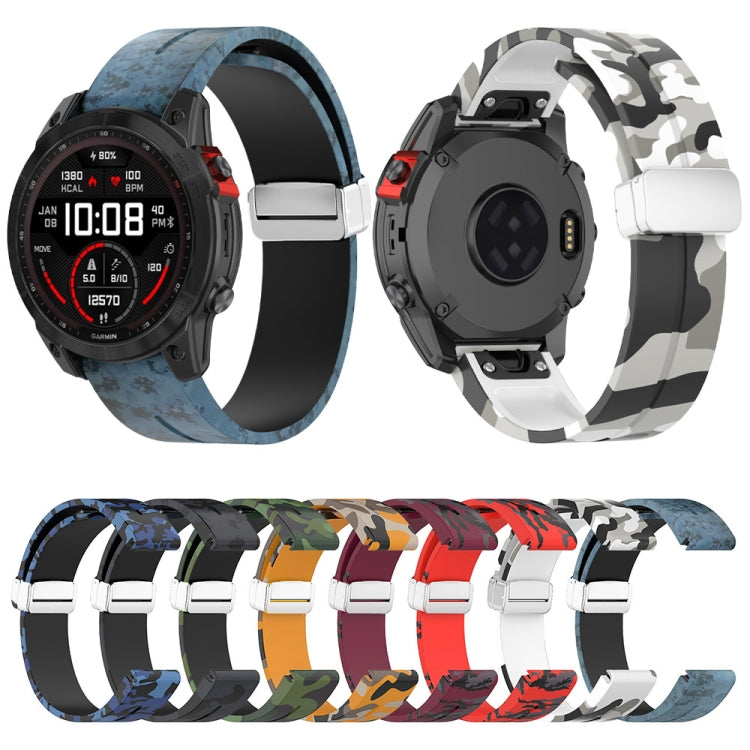 For Garmin Fenix 7S Magnetic Folding Silver Buckle Color Printed Silicone Watch Band(Camouflage Blue)