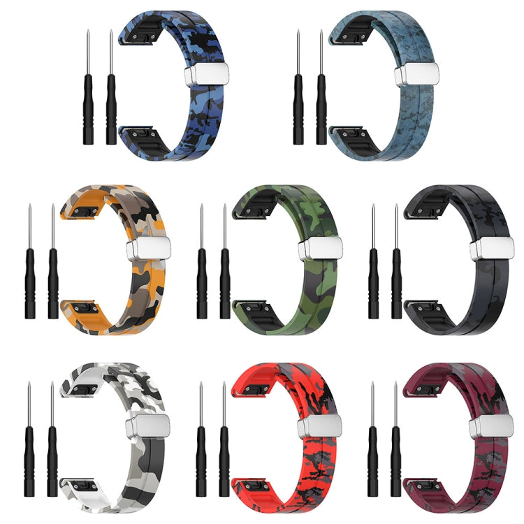 For Garmin Fenix 7S Magnetic Folding Silver Buckle Color Printed Silicone Watch Band(Camouflage Red)