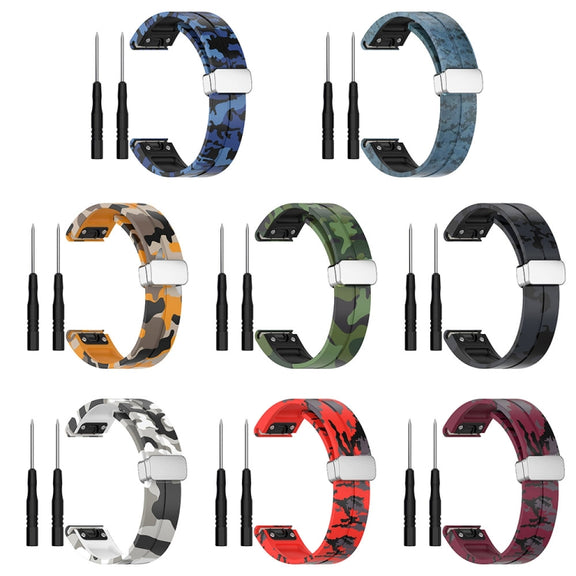 For Garmin Fenix 7X Magnetic Folding Silver Buckle Color Printed Silicone Watch Band(Camouflage Red)