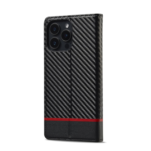 For iPhone 16 Pro Max LC.IMEEKE Carbon Fiber Leather Phone Case(Horizontal Black)