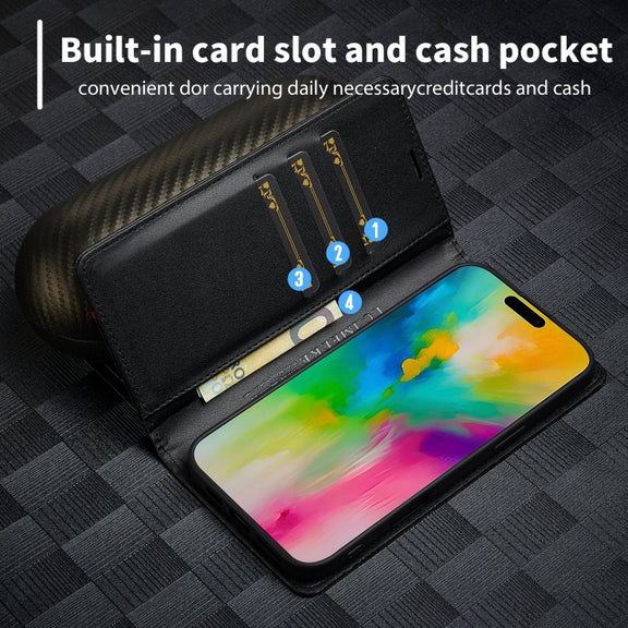 For iPhone 16 Plus LC.IMEEKE Carbon Fiber Leather Phone Case(Vertical Black)