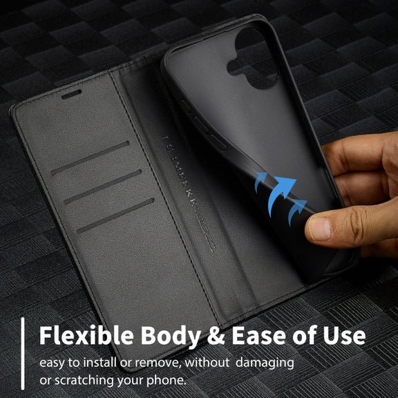 For iPhone 16 Plus LC.IMEEKE Carbon Fiber Leather Phone Case(Horizontal Black)