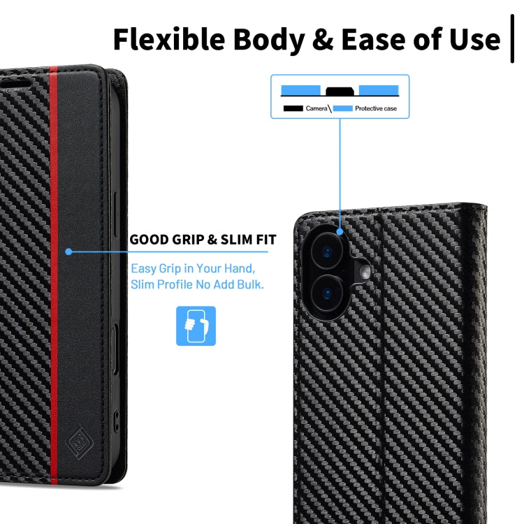 For iPhone 16 LC.IMEEKE Carbon Fiber Leather Phone Case(Vertical Black)