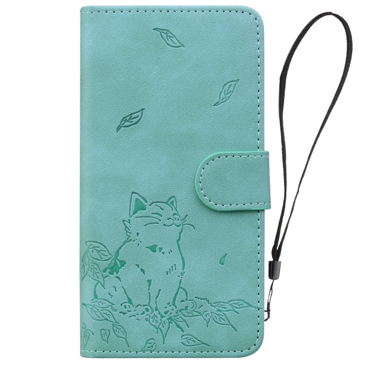 For iPhone 16e Cute Cat Embossed Leather Phone Case(Green)