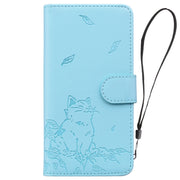 For iPhone 16e Cute Cat Embossed Leather Phone Case(Sky Blue)
