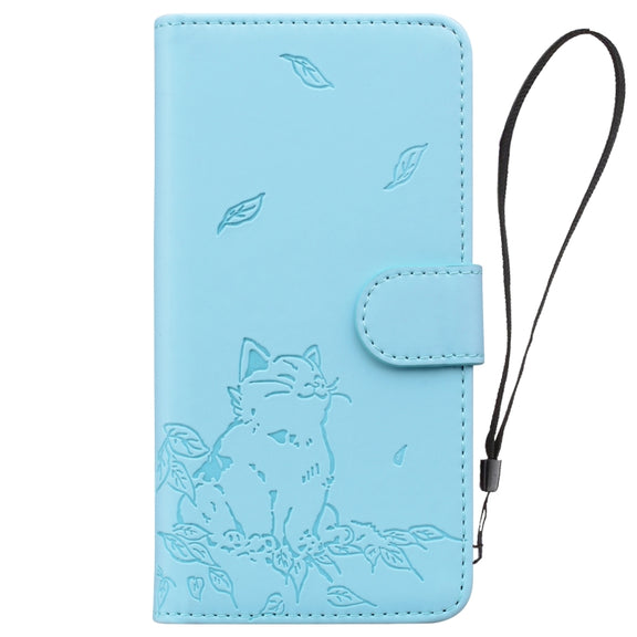 For iPhone 16e Cute Cat Embossed Leather Phone Case(Sky Blue)