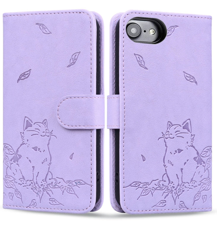 For iPhone 16e Cute Cat Embossed Leather Phone Case(Purple)