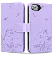 For iPhone 16e Cute Cat Embossed Leather Phone Case(Purple)