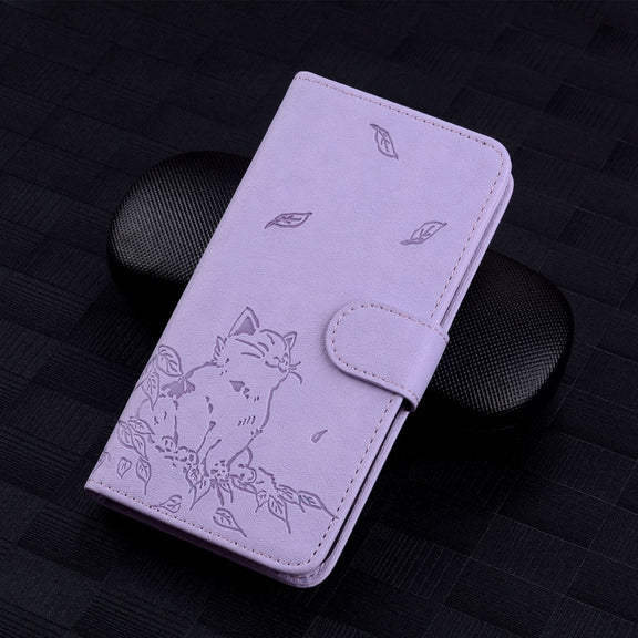 For iPhone 16e Cute Cat Embossed Leather Phone Case(Purple)