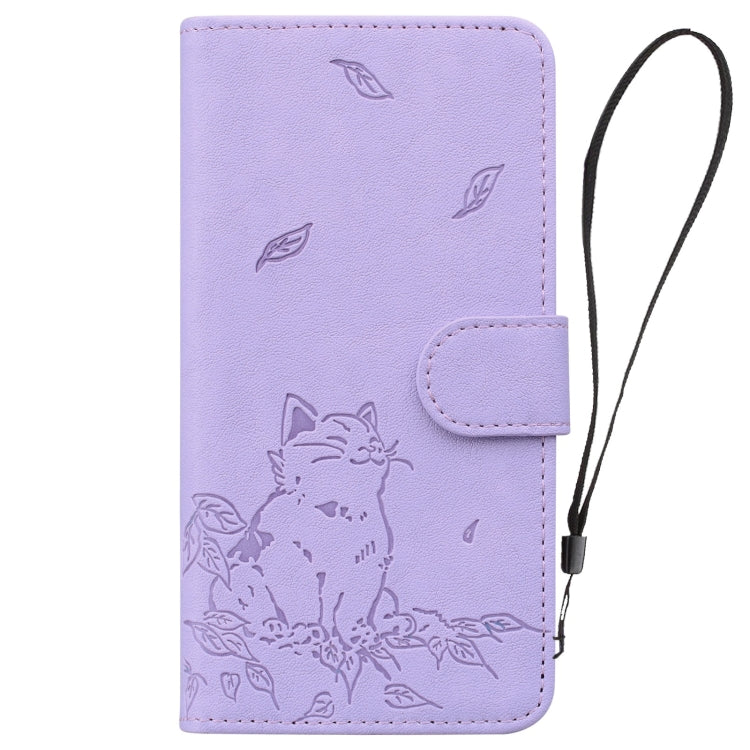 For iPhone 16e Cute Cat Embossed Leather Phone Case(Purple)