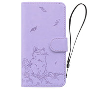 For iPhone 16e Cute Cat Embossed Leather Phone Case(Purple)