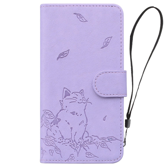 For iPhone 16e Cute Cat Embossed Leather Phone Case(Purple)