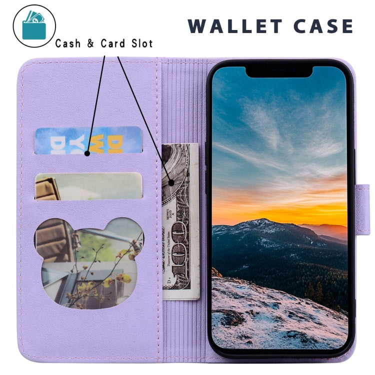 For iPhone 16e Cute Cat Embossed Leather Phone Case(Purple)