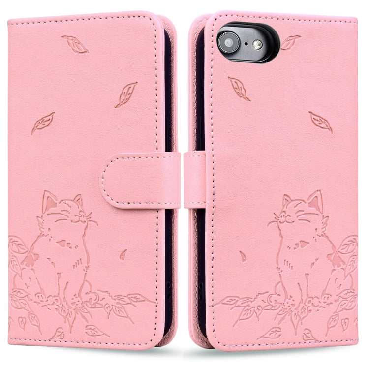 For iPhone 16e Cute Cat Embossed Leather Phone Case(Pink)