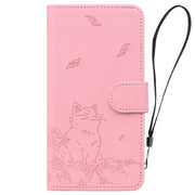 For iPhone 16e Cute Cat Embossed Leather Phone Case(Pink)