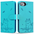 For iPhone 16e Cute Cat Embossed Leather Phone Case(Lake Blue) - iPhone 16e Cases by PMC TechLife | Online Shopping South Africa | PMC TechLife | Buy Now Pay Later Mobicred