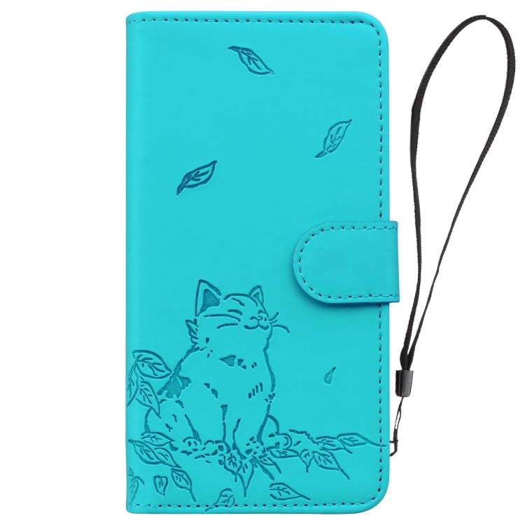 For iPhone 16e Cute Cat Embossed Leather Phone Case(Lake Blue)