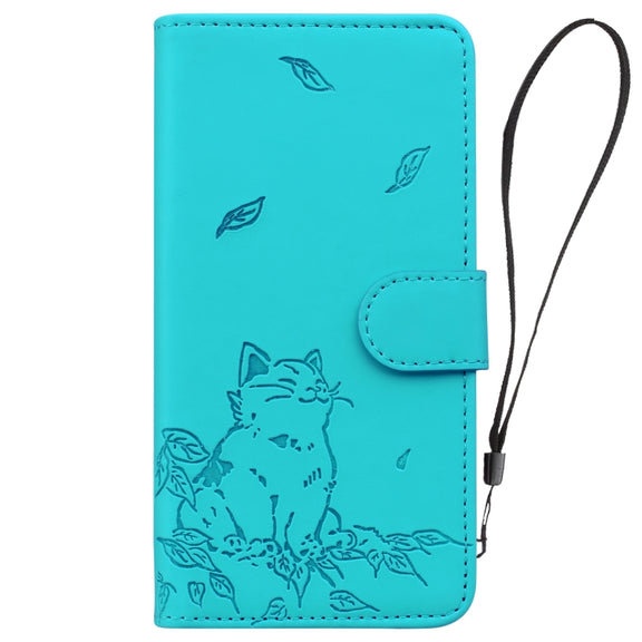 For iPhone 16e Cute Cat Embossed Leather Phone Case(Lake Blue)