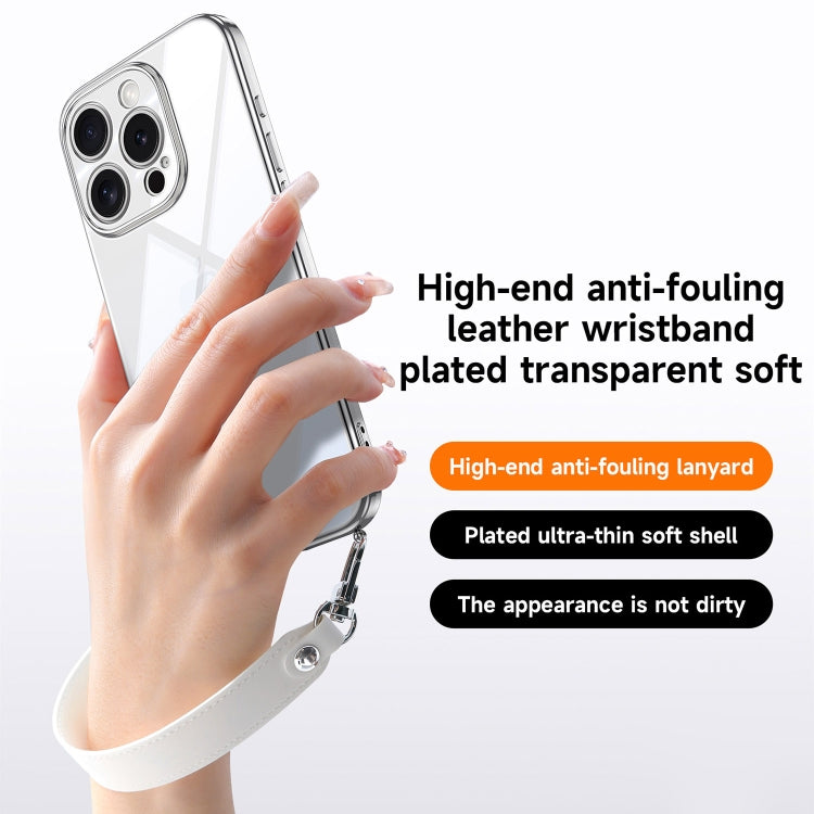 For iPhone 16 Plus SULADA  Electroplated Clear TPU Soft Frame Phone Case with Wrist Strap(Purple)