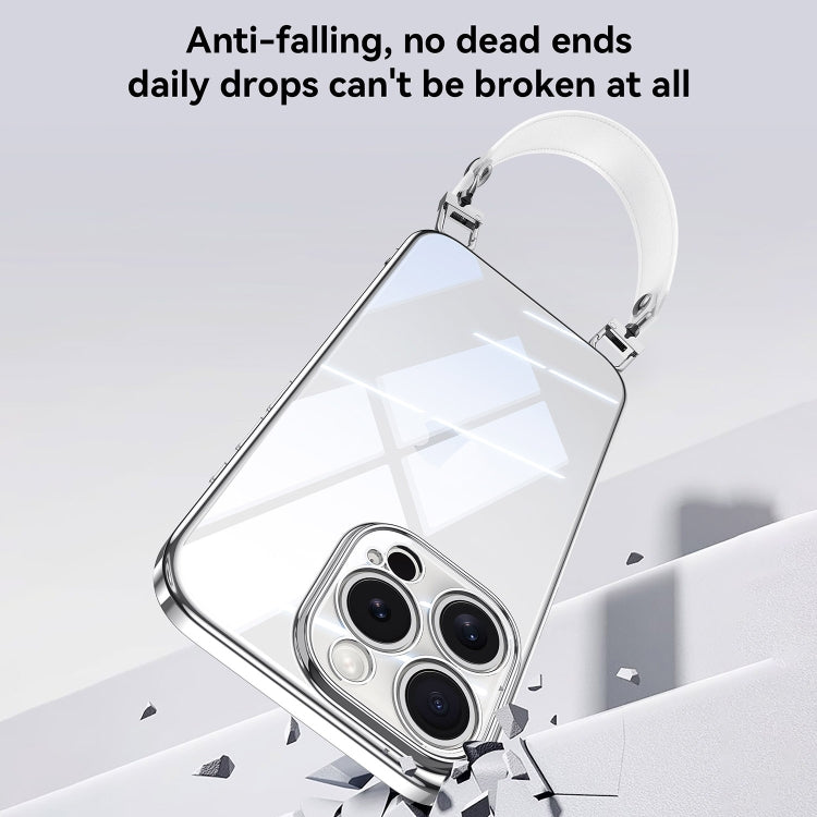 For iPhone 16 Pro SULADA  Electroplated Clear TPU Soft Frame Phone Case with Wrist Strap(Purple)