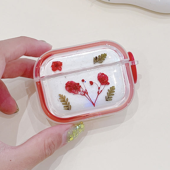 For AirPods 3 Glitter Starry Epoxy Dried Flowers Earbuds Box TPU Case(Red)