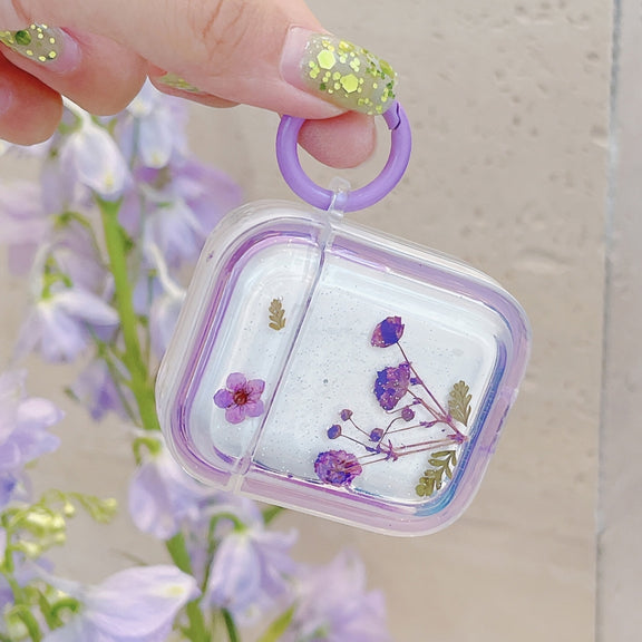 For AirPods 3 Glitter Starry Epoxy Dried Flowers Earbuds Box TPU Case(Light Blue)