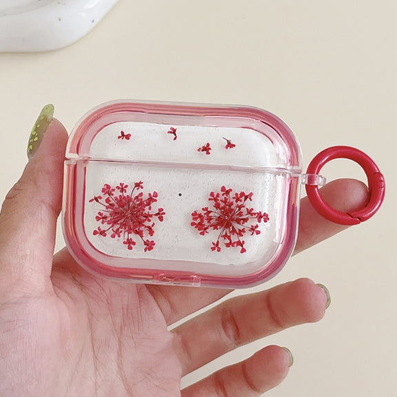 For AirPods Pro 2 Glitter Snowflake Epoxy Dried Flowers Earbuds Box TPU Case(Red)