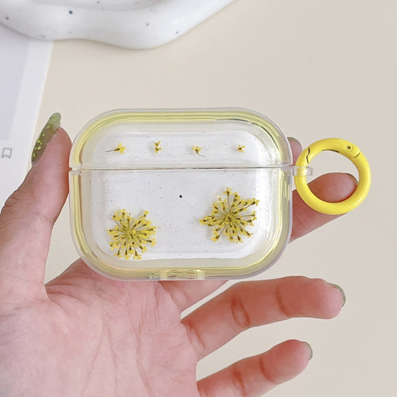 For AirPods Pro 2 Glitter Snowflake Epoxy Dried Flowers Earbuds Box TPU Case(Yellow)