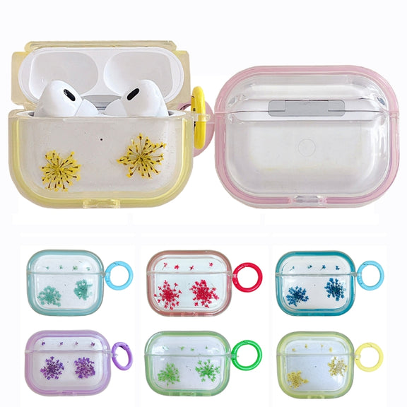 For AirPods 3 Glitter Snowflake Epoxy Dried Flowers Earbuds Box TPU Case(Dark Blue)