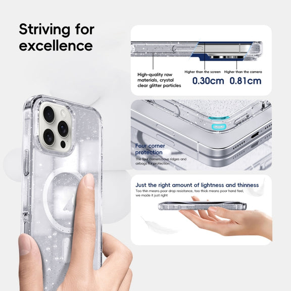 For iPhone 16 Glitter Powder MagSafe Magnetic Phone Case(Transparent Titanium Blue)
