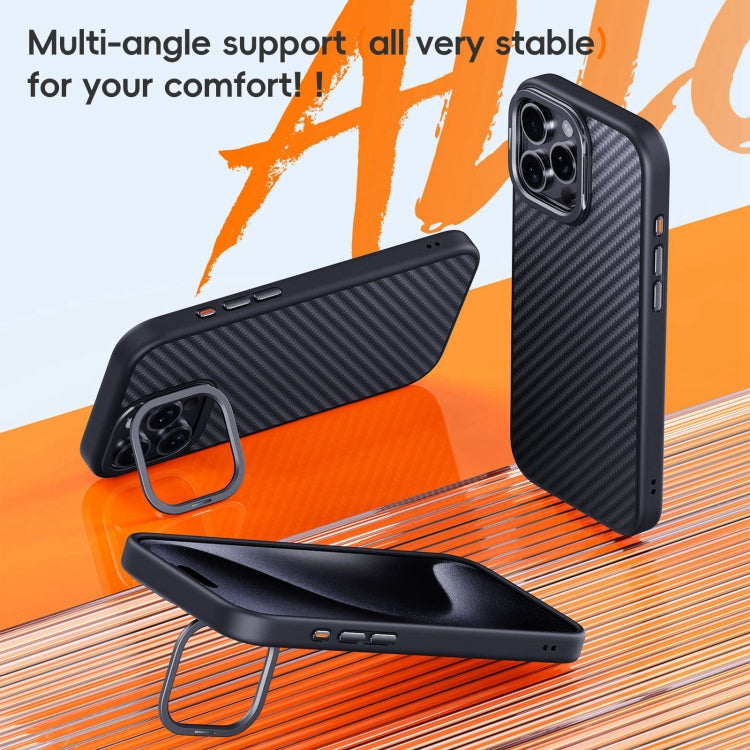 For iPhone 16 Carbon Fiber Kevlar Lens Holder MagSafe Magnetic Phone Case(Black)
