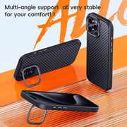 For iPhone 16 Carbon Fiber Kevlar Lens Holder MagSafe Magnetic Phone Case(Black)