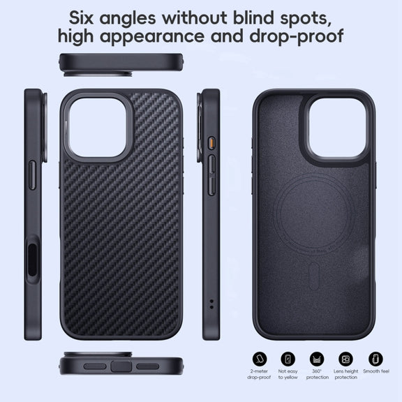 For iPhone 16 Plus Carbon Fiber Kevlar Lens Holder MagSafe Magnetic Phone Case(Black)
