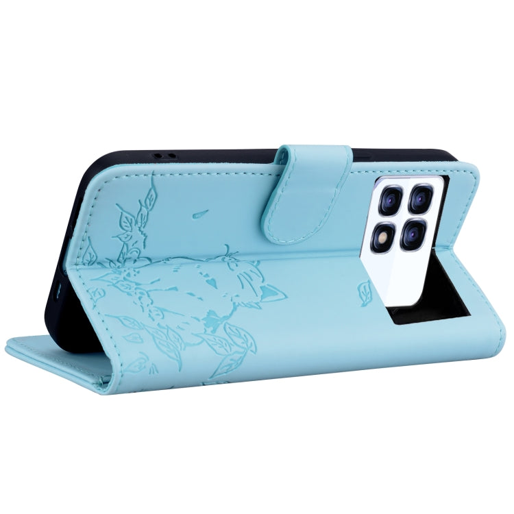 For Redmi K70 Ultra Cute Cat Embossed Leather Phone Case(Sky Blue)